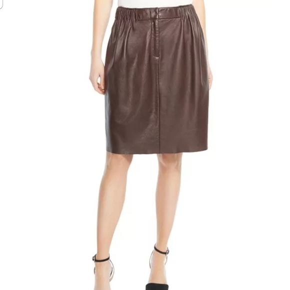Halston Heritage 100% Lamb Leather Brown Gathered Front Skirt w/ Pockets Size 2 - Picture 1 of 16